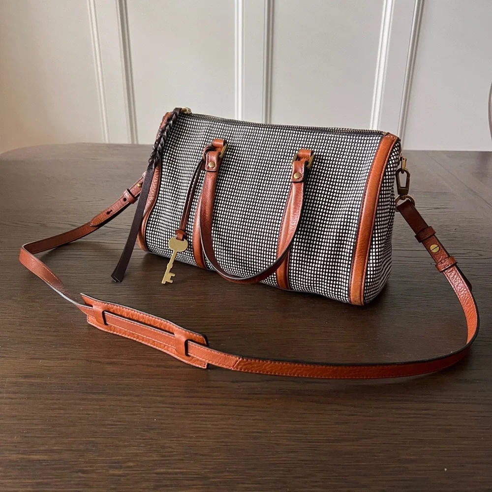 Fossil Rachel Satchel Black White Woven Dotted Leather Trim Crossbody Bag